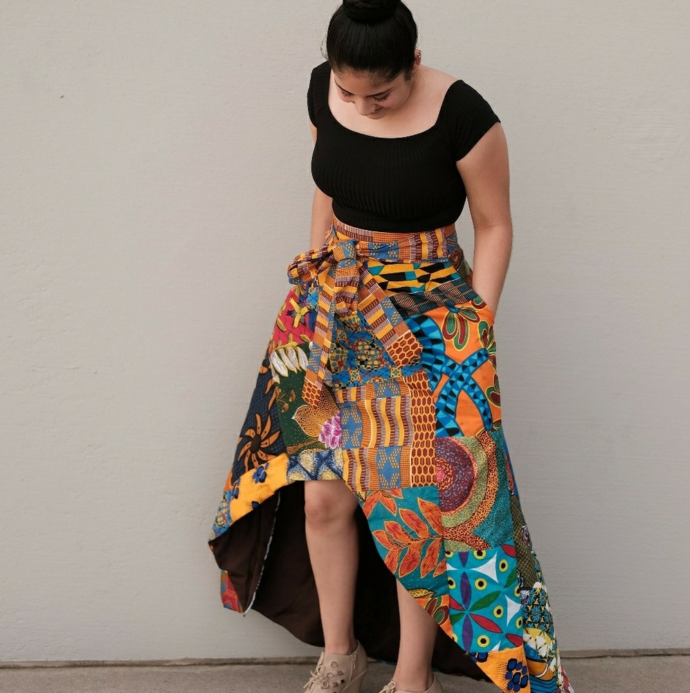 Women African Ankara patches high low skirt
